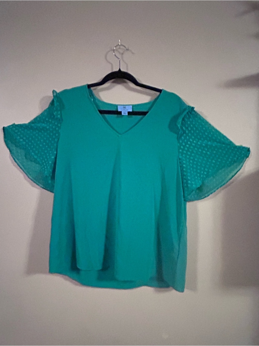 CeCe Teal V-Neck Blouse with Swiss Dot Flutter Sleeves